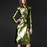 Spring Autumn Long Shiny Reflective Leather Trench Coat for Women Belt Double Breasted Cool European Fashion 2022