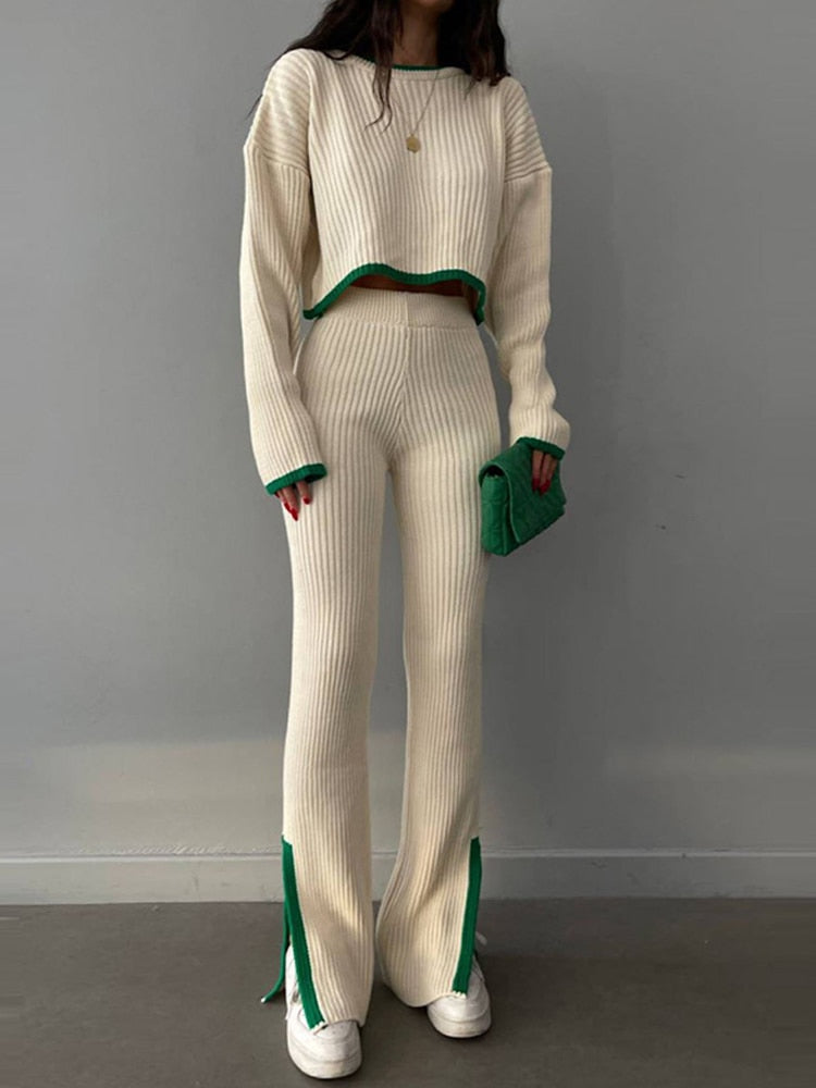 Casual Two Piece Set Women 2023 Spring Crop Sweater   High Waist Lady Suits Knit Panelled Side Split Trouser Suits Female