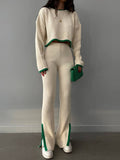 Casual Two Piece Set Women 2023 Spring Crop Sweater   High Waist Lady Suits Knit Panelled Side Split Trouser Suits Female