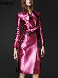 Spring Autumn Long Shiny Reflective Leather Trench Coat for Women Belt Double Breasted Cool European Fashion 2022