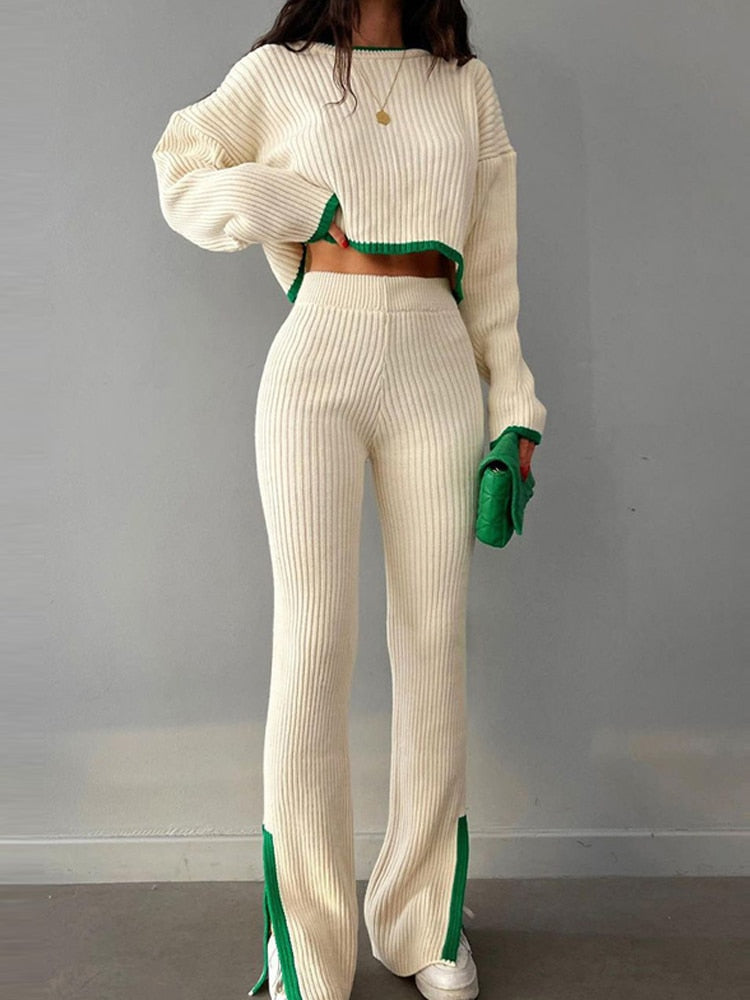 Casual Two Piece Set Women 2023 Spring Crop Sweater   High Waist Lady Suits Knit Panelled Side Split Trouser Suits Female