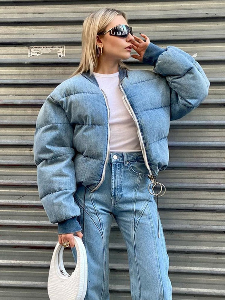 Cotton Puffer Winter Blue O-neck Warm Parkas for Women Casual Vintage Zip-up Cotton Padding Puffer Jacket Female Coats Streetwear