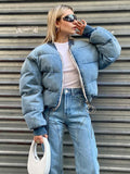Cotton Puffer Winter Blue O-neck Warm Parkas for Women Casual Vintage Zip-up Cotton Padding Puffer Jacket Female Coats Streetwear