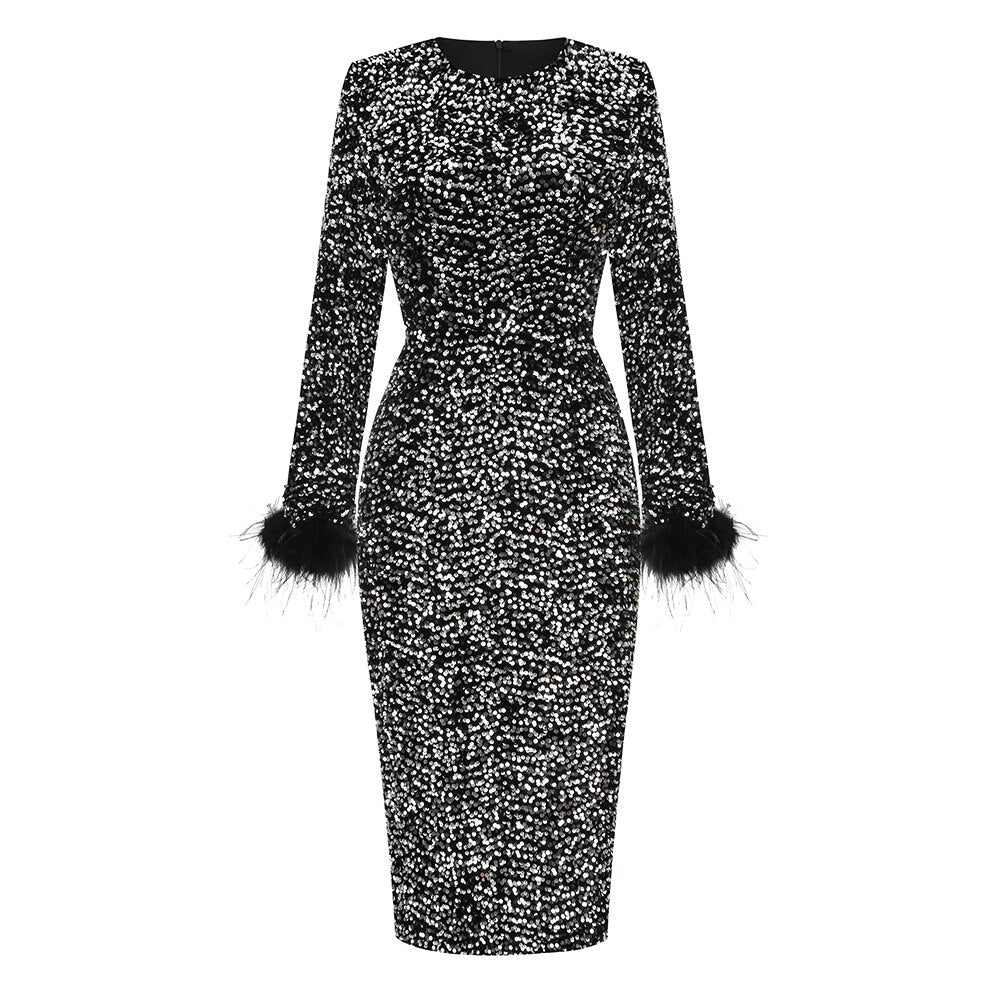 New Women Sexy Winter Long Sleeve Feathers Sequins Brown Black Bodycon   Divahotcouture