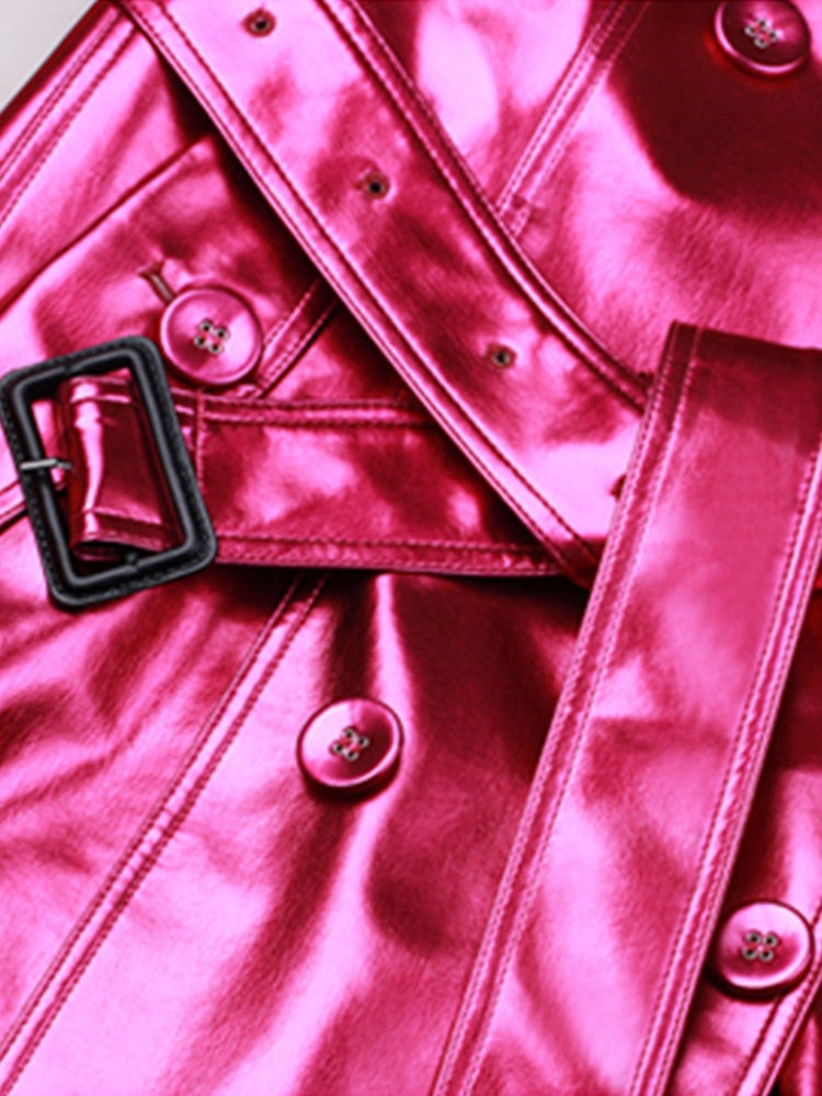 Spring Autumn Long Shiny Reflective Leather Trench Coat for Women Belt Double Breasted Cool European Fashion 2022