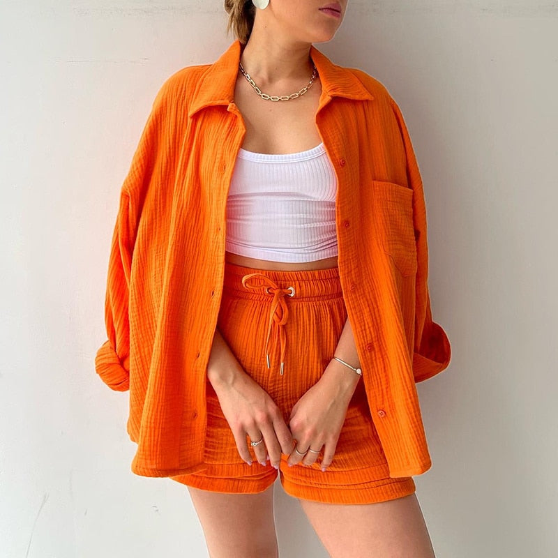 Solid Pleated Two Piece Set For Women Summer Women's Two Piece Casual Long Sleeve Short Sets