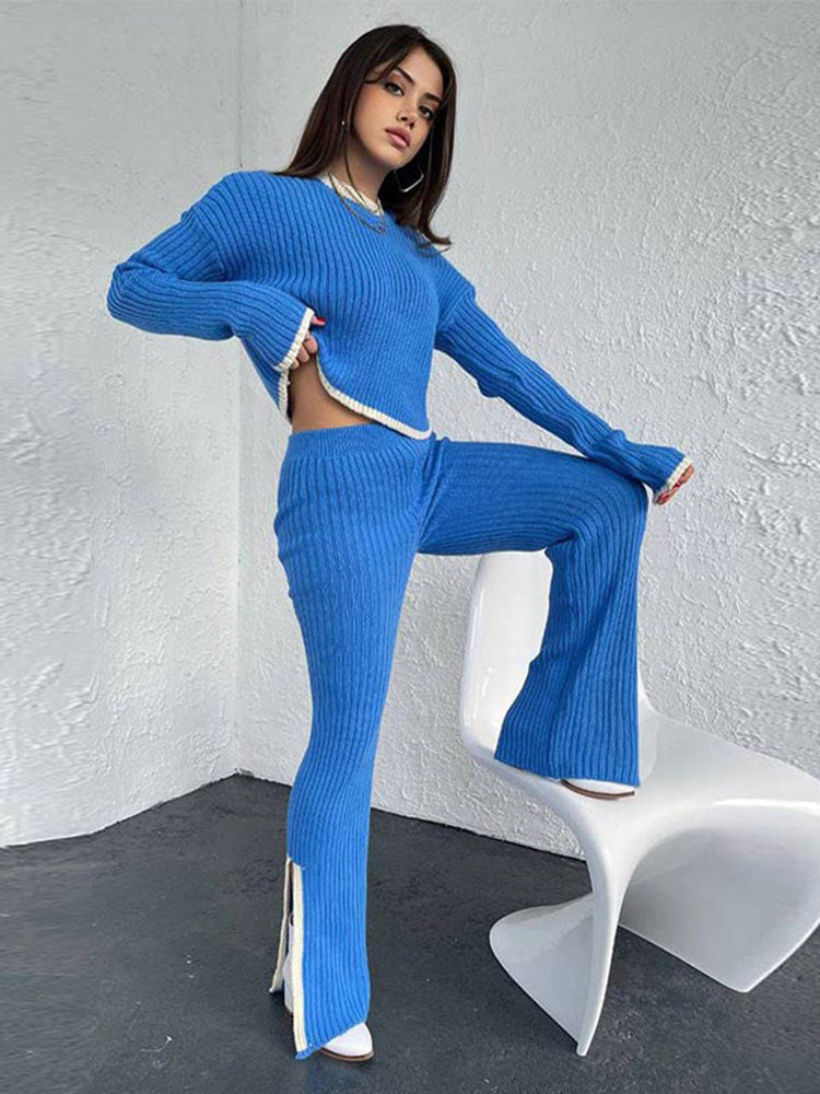 Casual Two Piece Set Women 2023 Spring Crop Sweater   High Waist Lady Suits Knit Panelled Side Split Trouser Suits Female