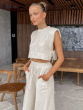 Khaki Linen Pants Sets Women 2 Piece Fashion Sexy Lace-Up Crop Tops Vacation Elastic Waist Loose Long Pants Suits