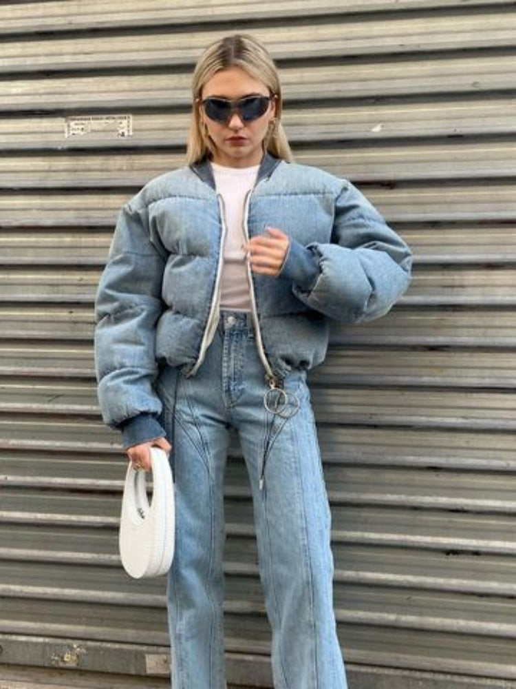Cotton Puffer Winter Blue O-neck Warm Parkas for Women Casual Vintage Zip-up Cotton Padding Puffer Jacket Female Coats Streetwear