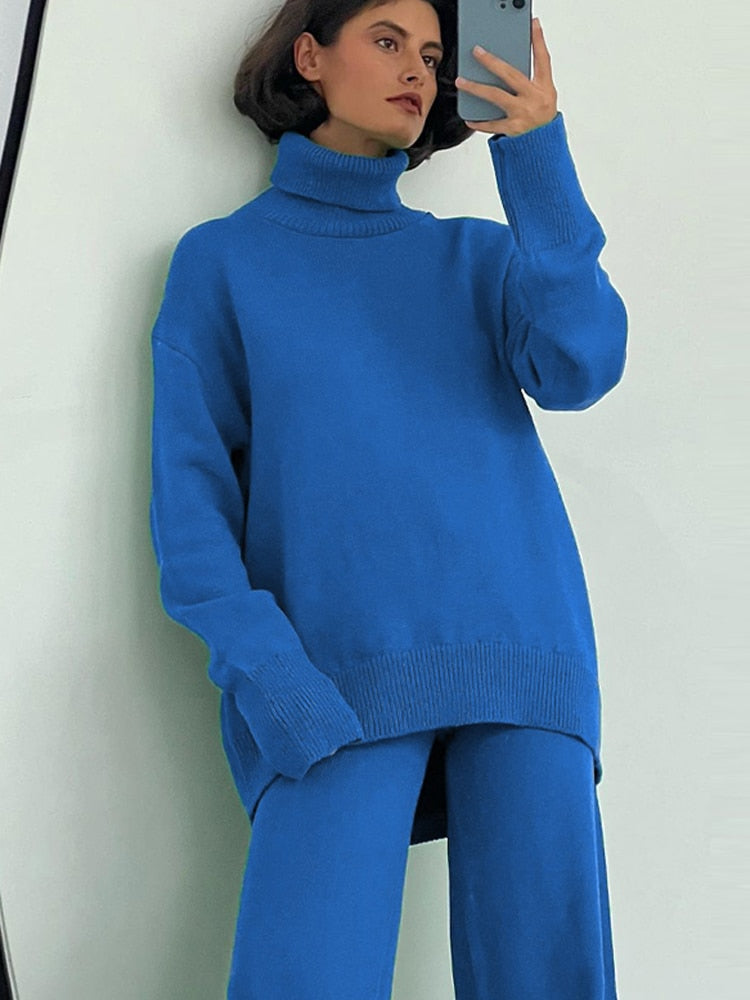 Casual Two Piece Set Women 2023 Spring Crop Sweater   High Waist Lady Suits Knit Panelled Side Split Trouser Suits Female