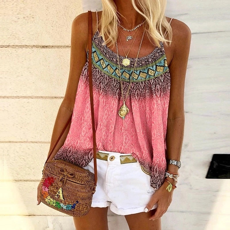 Casual Strap Tank Top Loose Beach Shirt Sleeveless Print Beach T-Shirt Top Bohemian Style Clothing(Up to 5XL )