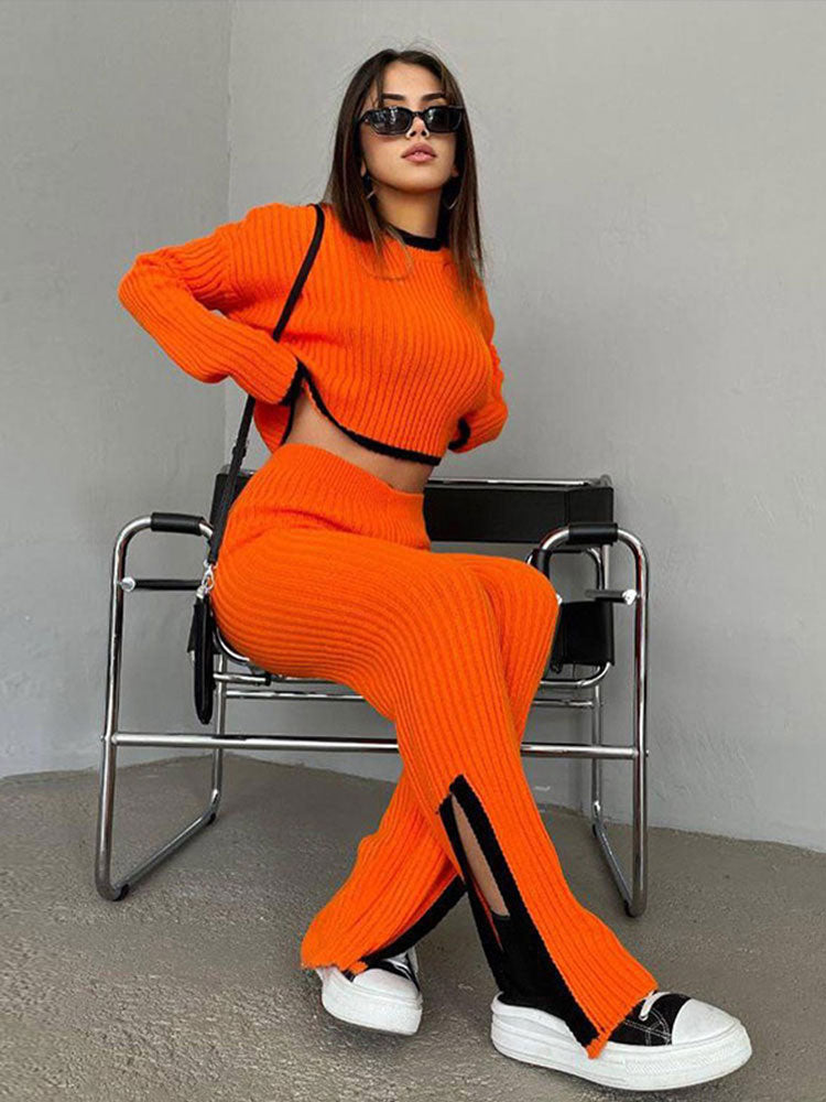 Casual Two Piece Set Women 2023 Spring Crop Sweater   High Waist Lady Suits Knit Panelled Side Split Trouser Suits Female