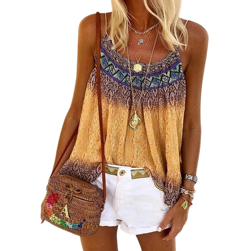 Casual Strap Tank Top Loose Beach Shirt Sleeveless Print Beach T-Shirt Top Bohemian Style Clothing(Up to 5XL )