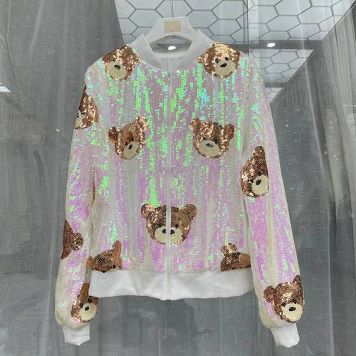 Cartoon Bear Sequined Long Sleeve Loose Baseball Collar Zipper Coat Women's 2023 Spring New Jacket