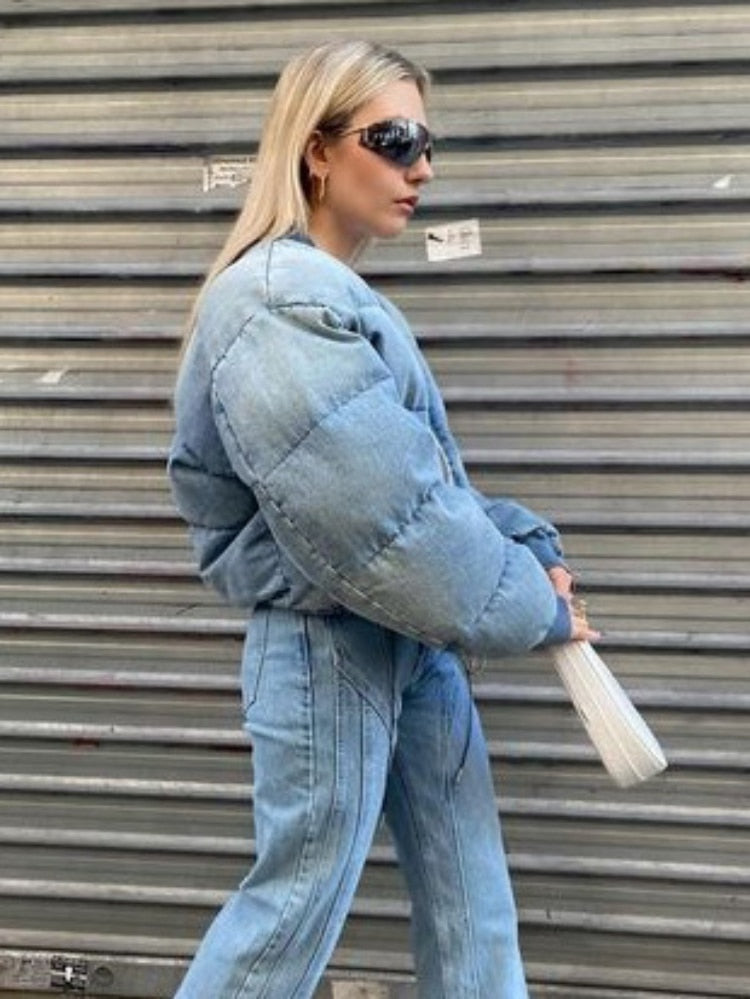 Cotton Puffer Winter Blue O-neck Warm Parkas for Women Casual Vintage Zip-up Cotton Padding Puffer Jacket Female Coats Streetwear