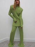 Casual Two Piece Set Women 2023 Spring Crop Sweater   High Waist Lady Suits Knit Panelled Side Split Trouser Suits Female