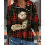 Women Cat Print Hoodie Fashion Zipper Hoodies Sweatshirts Zip Up Hoodie Women Sweats Long Sleeve Turn Over Collar Coats