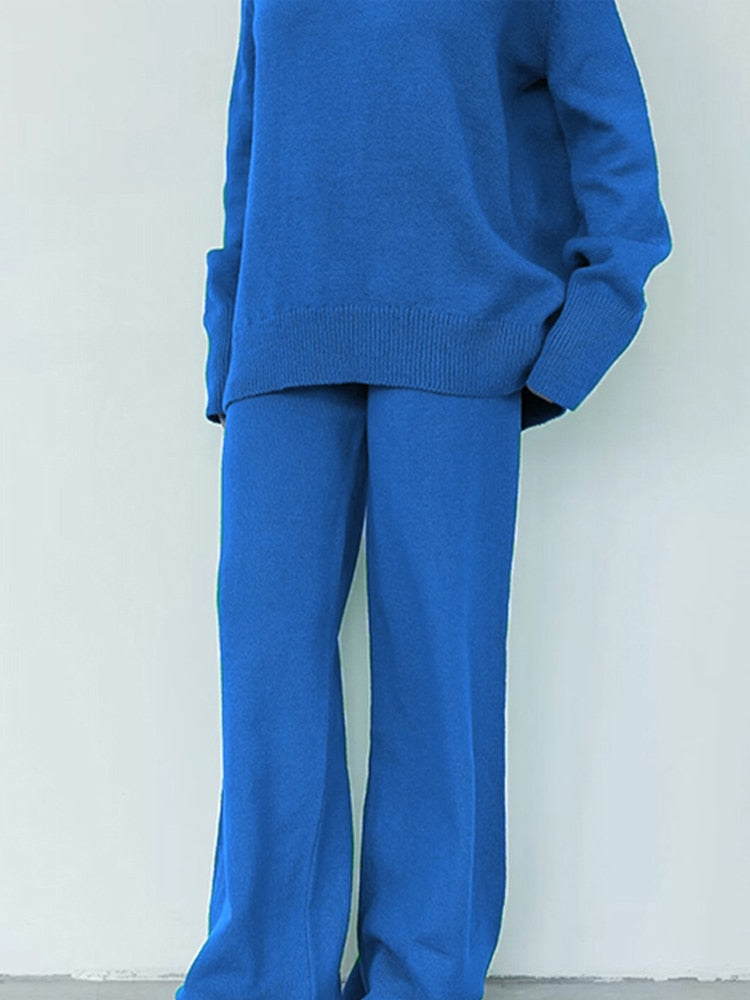 Casual Two Piece Set Women 2023 Spring Crop Sweater   High Waist Lady Suits Knit Panelled Side Split Trouser Suits Female