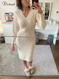 Beige Knitted Sweater Dress Autumn Winter Elastic Long Sleeve V Neck Elegant Hollow Midi Party Dresses Clothes For Women