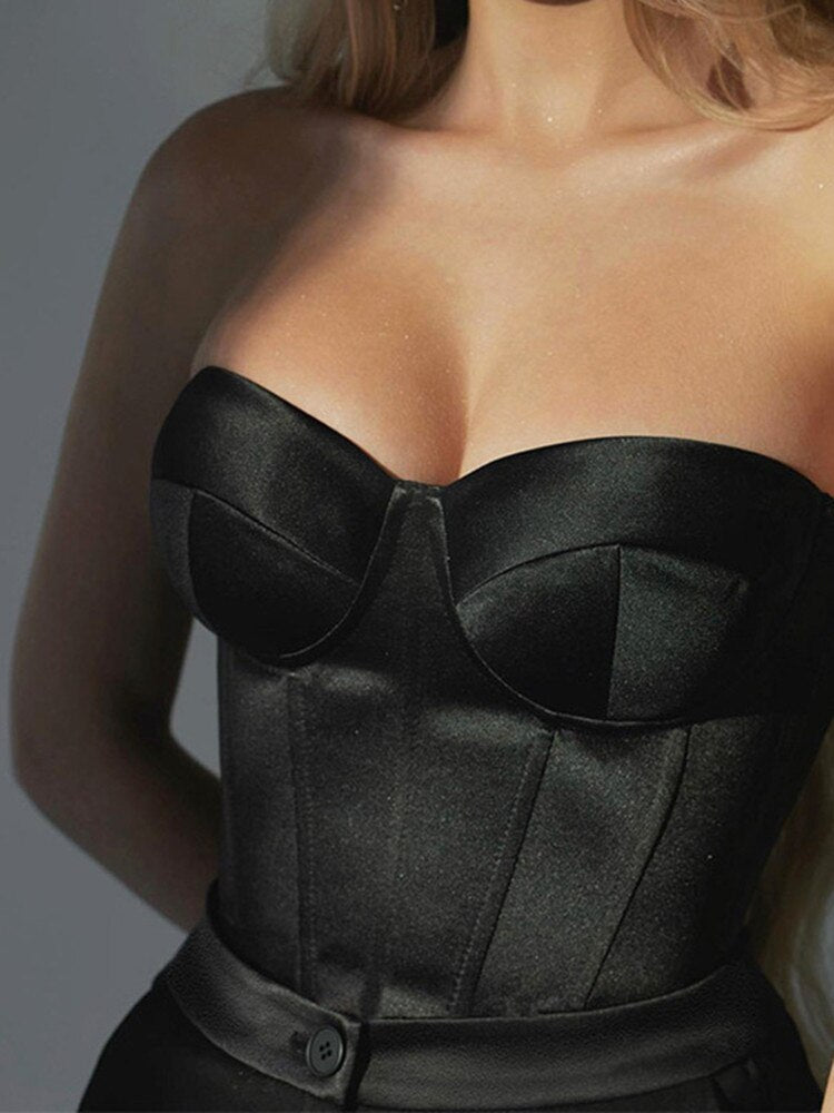 Cami Sleeveless Black Fashion Women Tank Tops Bustier Strapless sexy Tube Satin Crop Top Corset