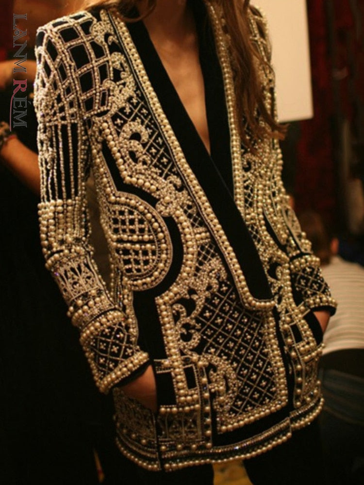 New Beaded Geometricr Long Sleeves V-Neck Vintage Ladies Outwear vintage fashion Overcoats