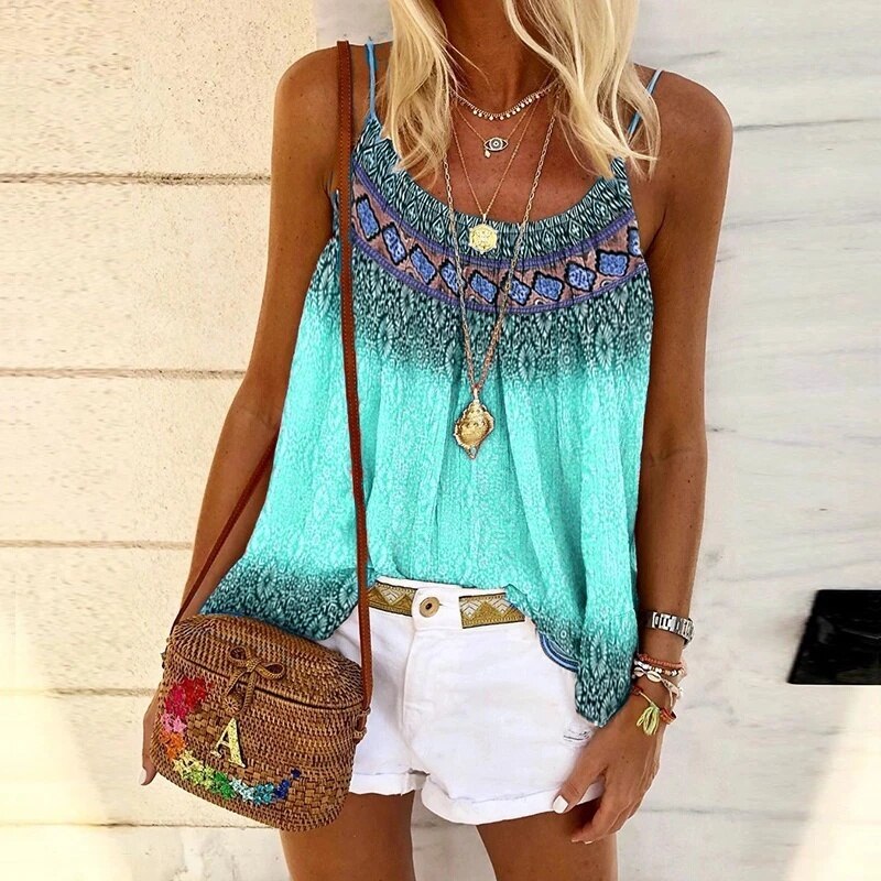 Casual Strap Tank Top Loose Beach Shirt Sleeveless Print Beach T-Shirt Top Bohemian Style Clothing(Up to 5XL )