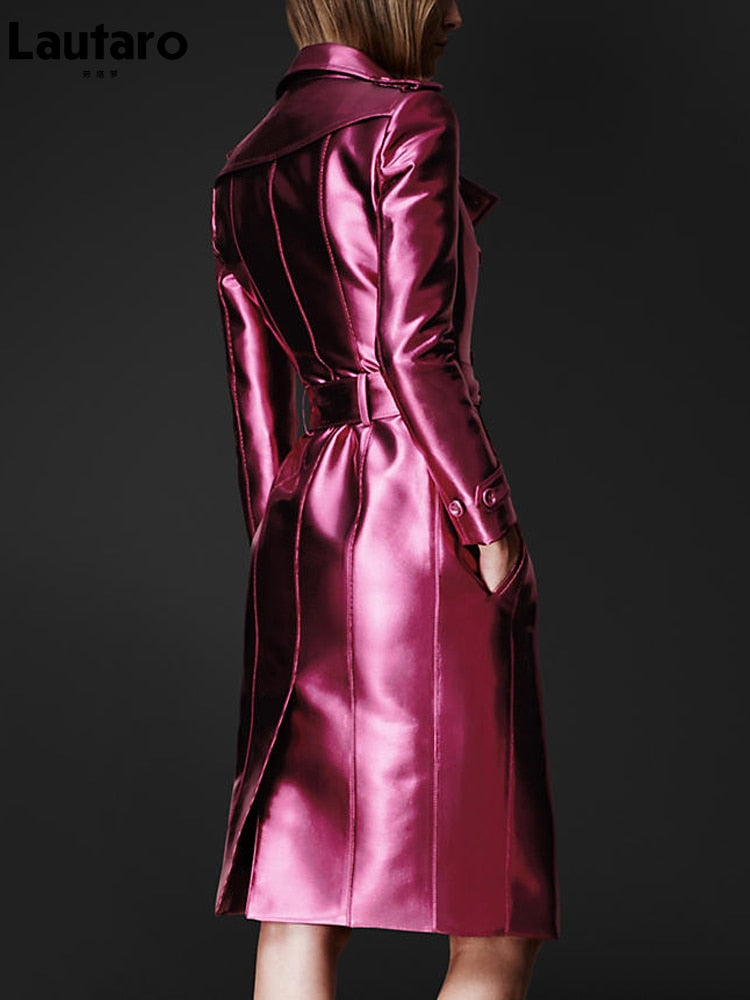 Spring Autumn Long Shiny Reflective Leather Trench Coat for Women Belt Double Breasted Cool European Fashion 2022