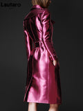 Spring Autumn Long Shiny Reflective Leather Trench Coat for Women Belt Double Breasted Cool European Fashion 2022