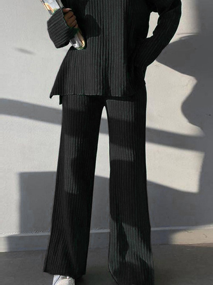 Casual Two Piece Set Women 2023 Spring Crop Sweater   High Waist Lady Suits Knit Panelled Side Split Trouser Suits Female