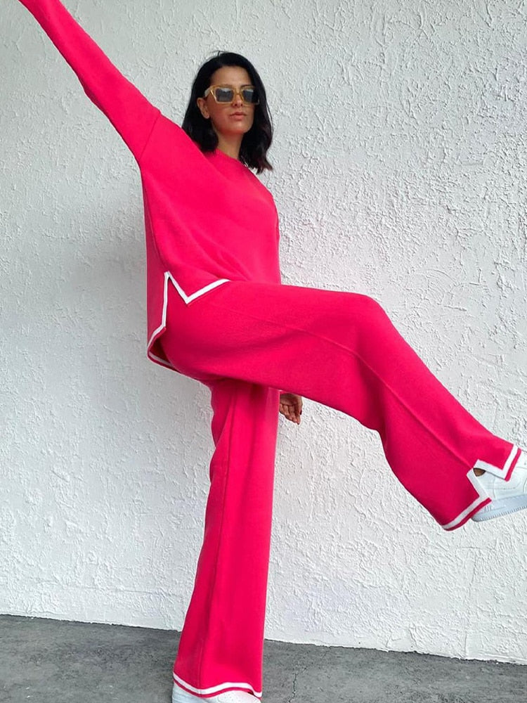 Casual Two Piece Set Women 2023 Spring Crop Sweater   High Waist Lady Suits Knit Panelled Side Split Trouser Suits Female