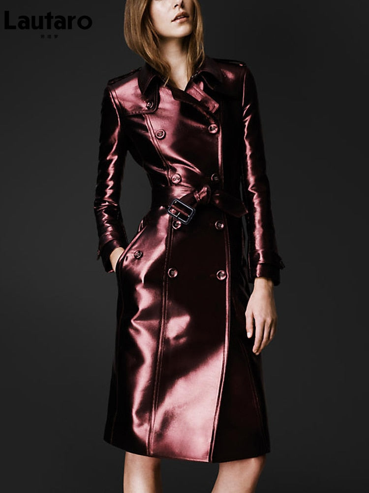 Spring Autumn Long Shiny Reflective Leather Trench Coat for Women Belt Double Breasted Cool European Fashion 2022