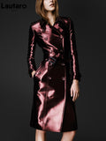 Spring Autumn Long Shiny Reflective Leather Trench Coat for Women Belt Double Breasted Cool European Fashion 2022