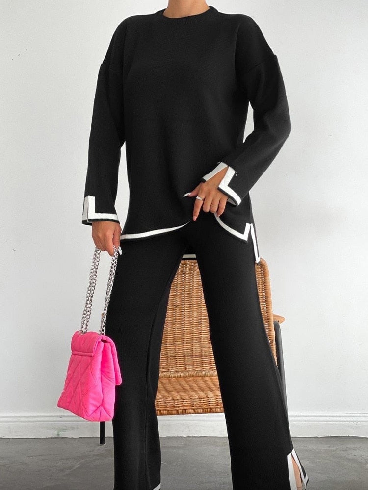 Casual Two Piece Set Women 2023 Spring Crop Sweater   High Waist Lady Suits Knit Panelled Side Split Trouser Suits Female