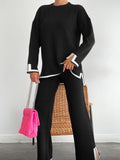 Casual Two Piece Set Women 2023 Spring Crop Sweater   High Waist Lady Suits Knit Panelled Side Split Trouser Suits Female