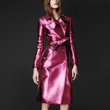 Spring Autumn Long Shiny Reflective Leather Trench Coat for Women Belt Double Breasted Cool European Fashion 2022