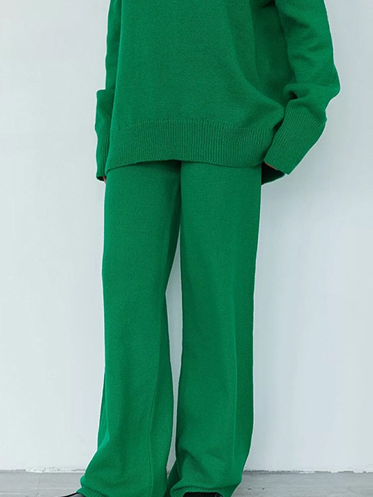Casual Two Piece Set Women 2023 Spring Crop Sweater   High Waist Lady Suits Knit Panelled Side Split Trouser Suits Female