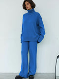 Casual Two Piece Set Women 2023 Spring Crop Sweater   High Waist Lady Suits Knit Panelled Side Split Trouser Suits Female
