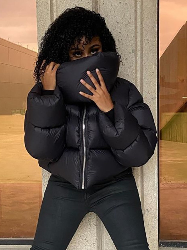 Winter Casual Black Oversized Bubble Coat for Women 2023 Fashion Zipper Scarf Collar Short Puffer Jackets Green Parka Streetwear