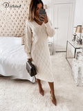 Beige Knitted Sweater Dress Autumn Winter Elastic Long Sleeve V Neck Elegant Hollow Midi Party Dresses Clothes For Women