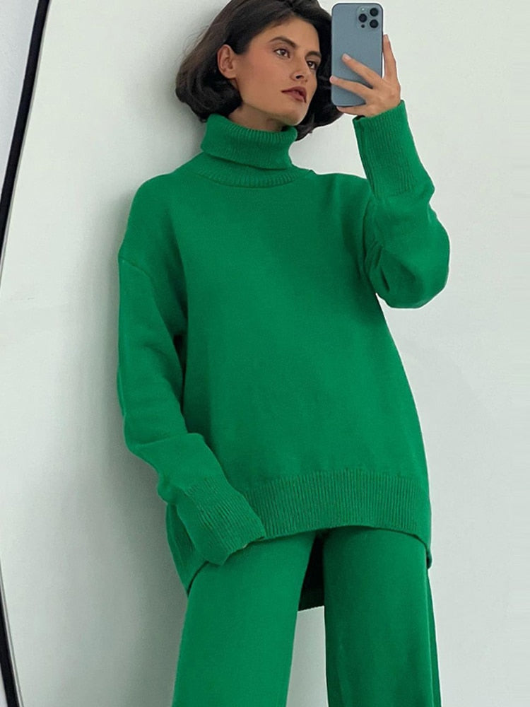 Casual Two Piece Set Women 2023 Spring Crop Sweater   High Waist Lady Suits Knit Panelled Side Split Trouser Suits Female
