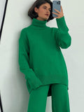 Casual Two Piece Set Women 2023 Spring Crop Sweater   High Waist Lady Suits Knit Panelled Side Split Trouser Suits Female