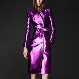 Spring Autumn Long Shiny Reflective Leather Trench Coat for Women Belt Double Breasted Cool European Fashion 2022
