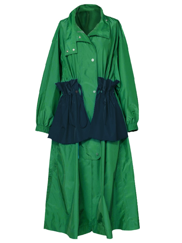 Spring Autumn Extra Long Oversized Green Trench Coat for Women with Big Pockets Drawstring Luxury Designer