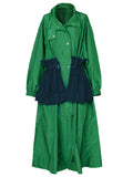 Spring Autumn Extra Long Oversized Green Trench Coat for Women with Big Pockets Drawstring Luxury Designer
