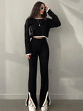 Casual Two Piece Set Women 2023 Spring Crop Sweater   High Waist Lady Suits Knit Panelled Side Split Trouser Suits Female