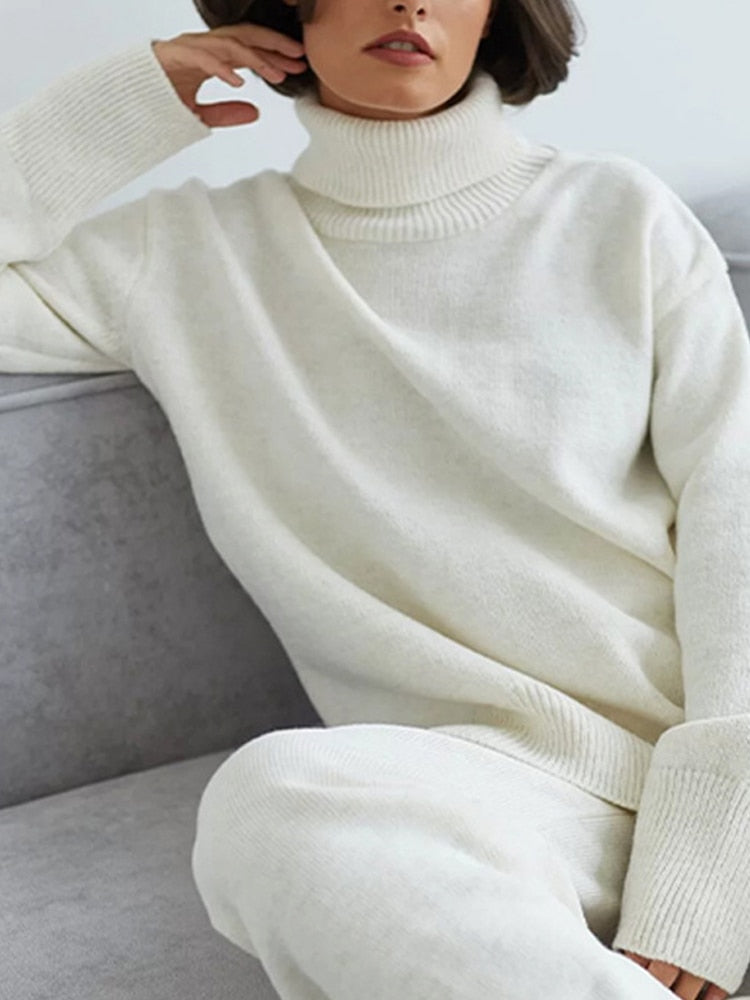 Casual Two Piece Set Women 2023 Spring Crop Sweater   High Waist Lady Suits Knit Panelled Side Split Trouser Suits Female