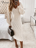 Beige Knitted Sweater Dress Autumn Winter Elastic Long Sleeve V Neck Elegant Hollow Midi Party Dresses Clothes For Women