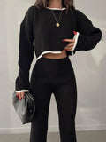 Casual Two Piece Set Women 2023 Spring Crop Sweater   High Waist Lady Suits Knit Panelled Side Split Trouser Suits Female