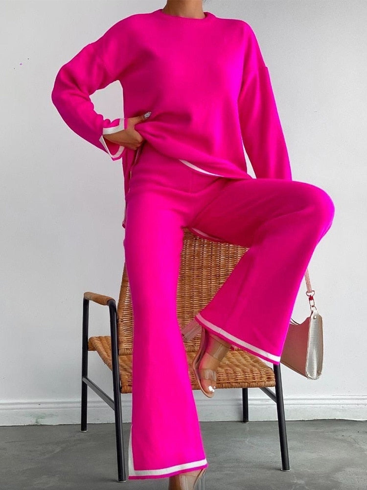 Casual Two Piece Set Women 2023 Spring Crop Sweater   High Waist Lady Suits Knit Panelled Side Split Trouser Suits Female
