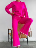 Casual Two Piece Set Women 2023 Spring Crop Sweater   High Waist Lady Suits Knit Panelled Side Split Trouser Suits Female